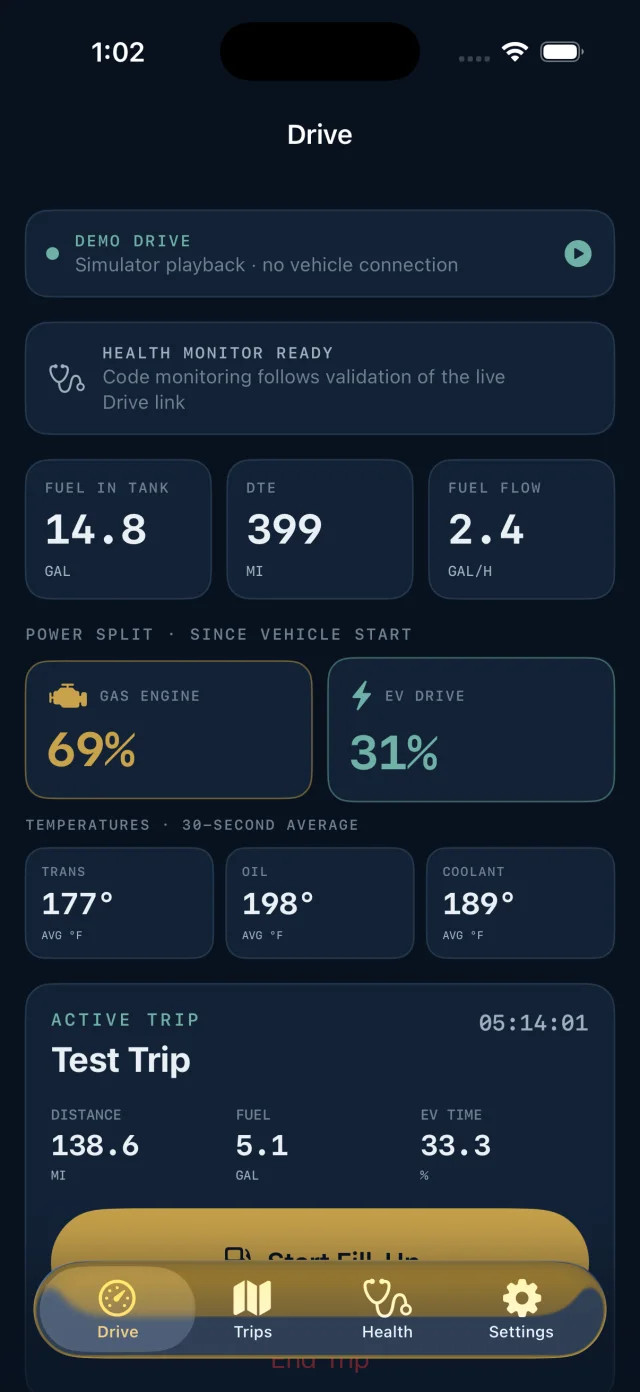 MobileCommandISR Drive screen with fuel, range, hybrid power split, temperatures, and active trip data