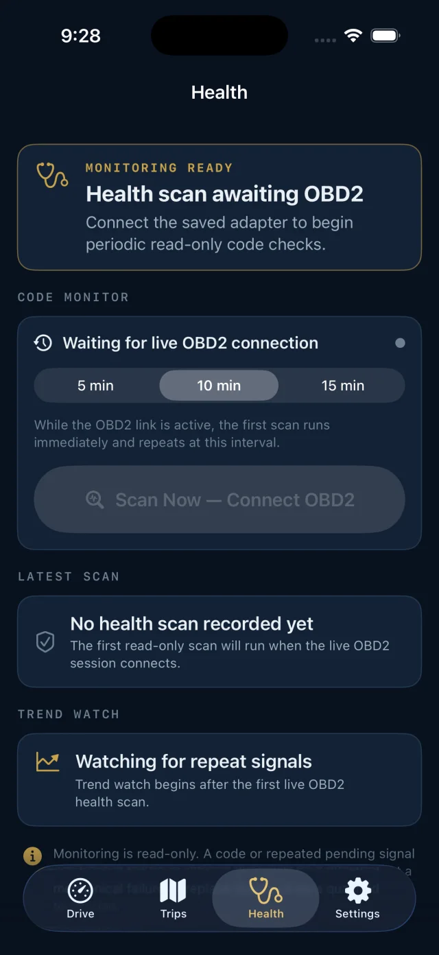 MobileCommandISR read-only vehicle health monitoring screen