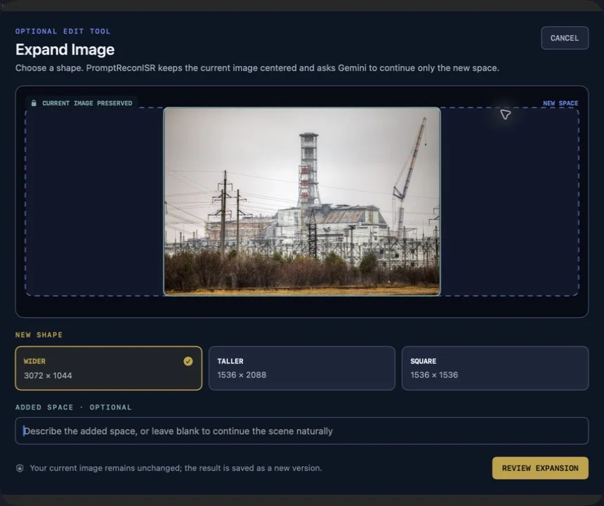 PromptReconISR Expand Image tool with Wider, Taller, and Square canvas choices and a preview of the protected current image