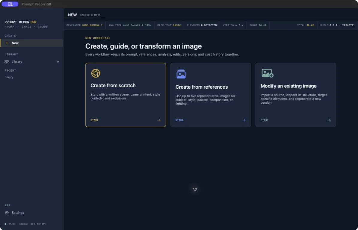 PromptReconISR new workspace with Create from scratch, Create from references, and Modify an existing image choices