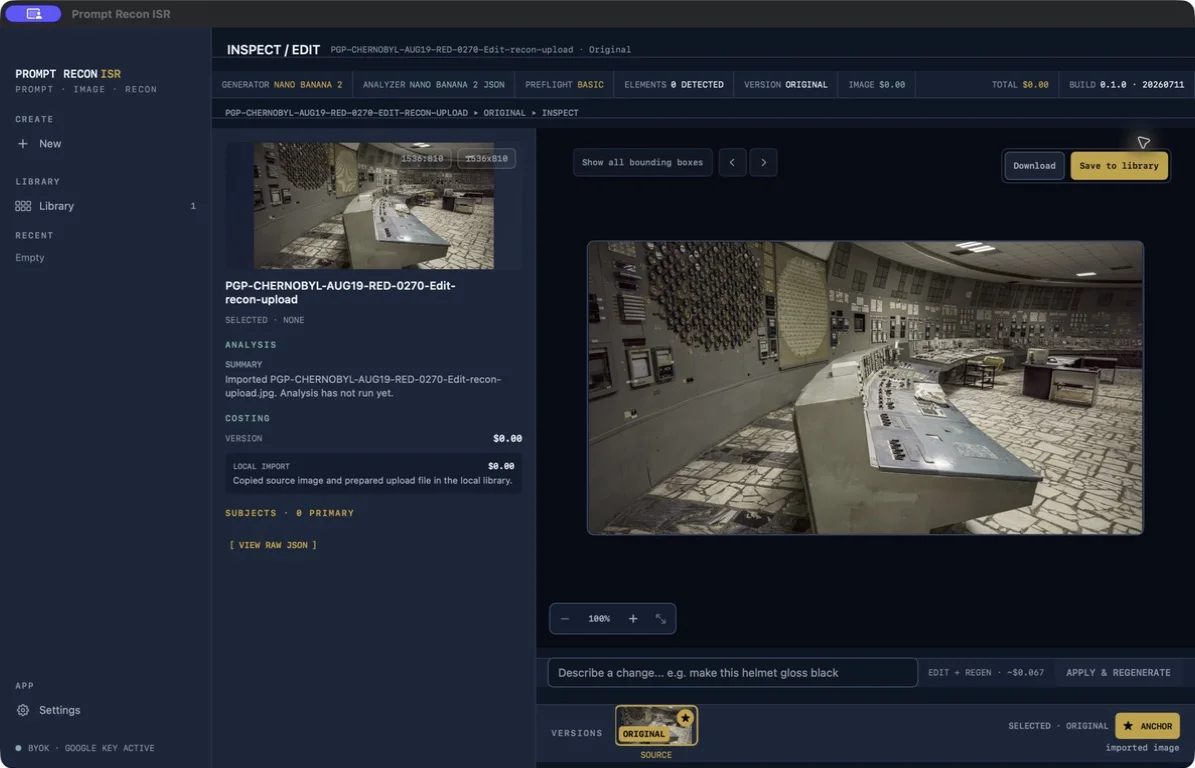 PromptReconISR Inspect and Edit workspace with image analysis, version controls, cost information, and targeted edit controls