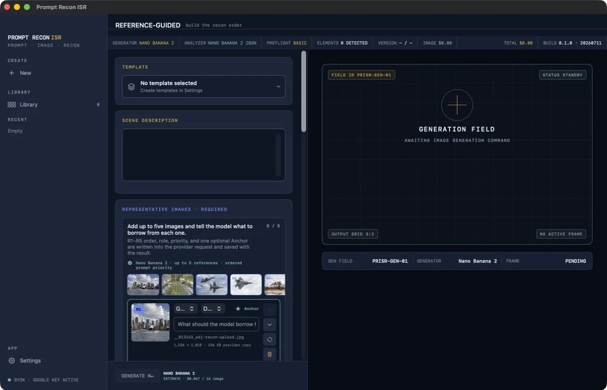 PromptReconISR reference-guided composer with five representative image slots, roles, priorities, instructions, and an Anchor