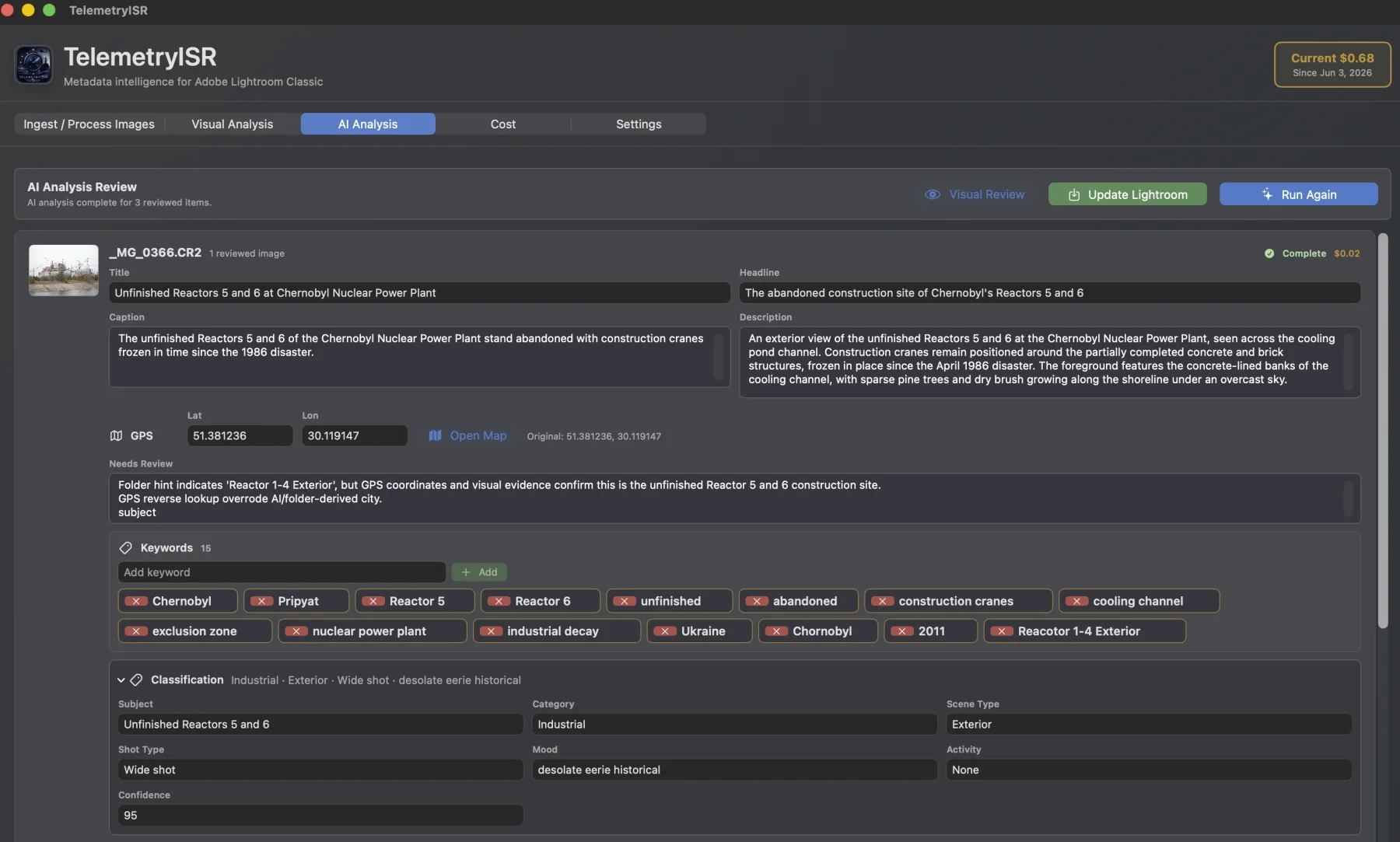 TelemetryISR AI Analysis review screen showing editable titles, captions, GPS fields, keywords, and Update Lightroom controls
