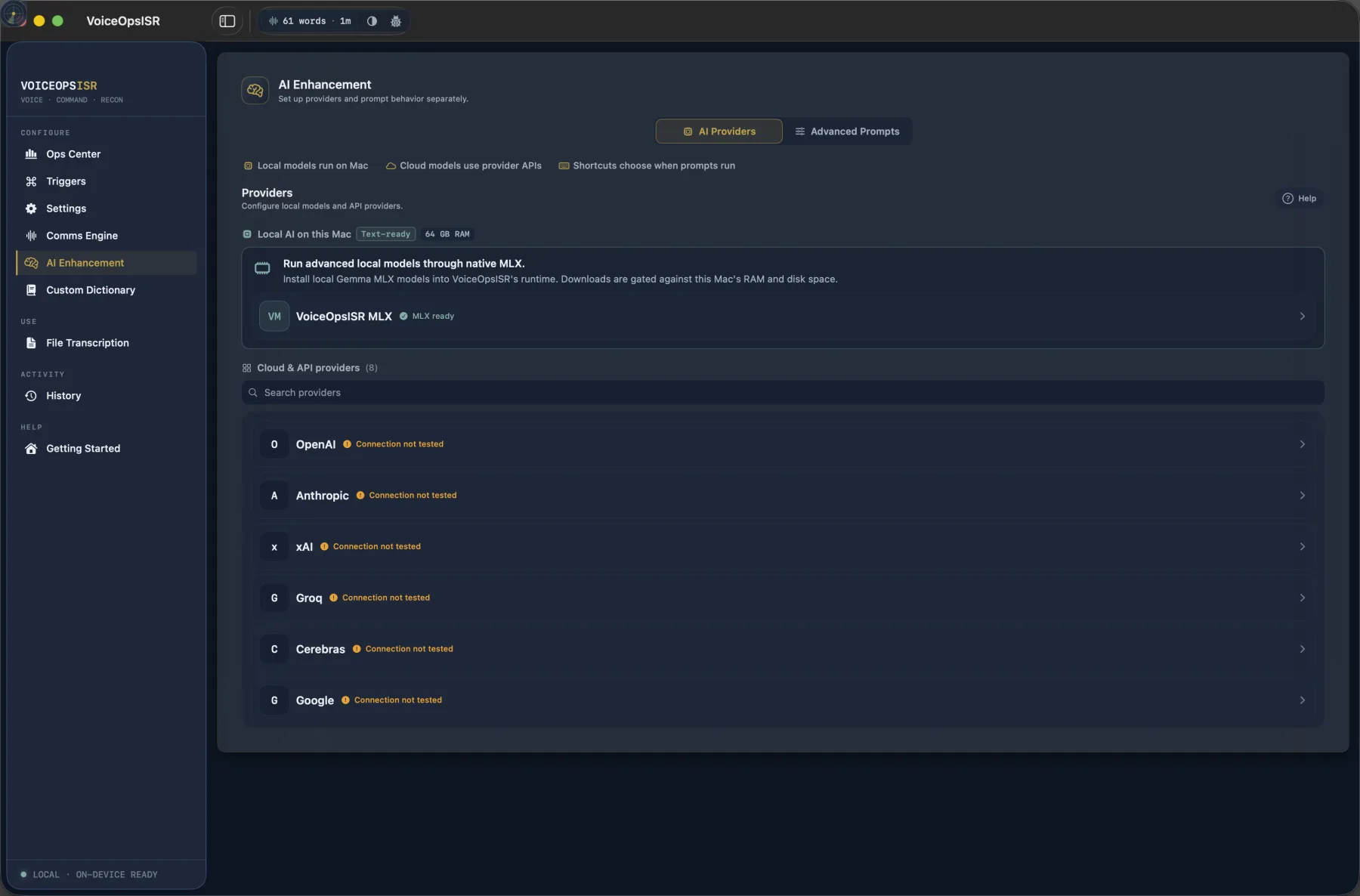 VoiceOpsISR AI Enhancement screen showing the local MLX provider and optional cloud AI providers