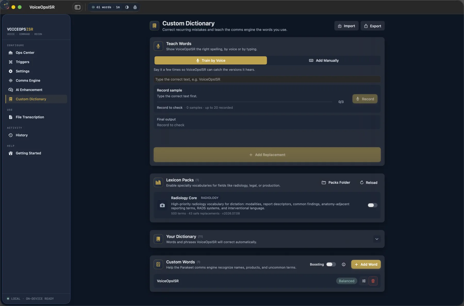 VoiceOpsISR Custom Dictionary screen showing voice training, replacement rules, lexicon packs, and boosted custom words