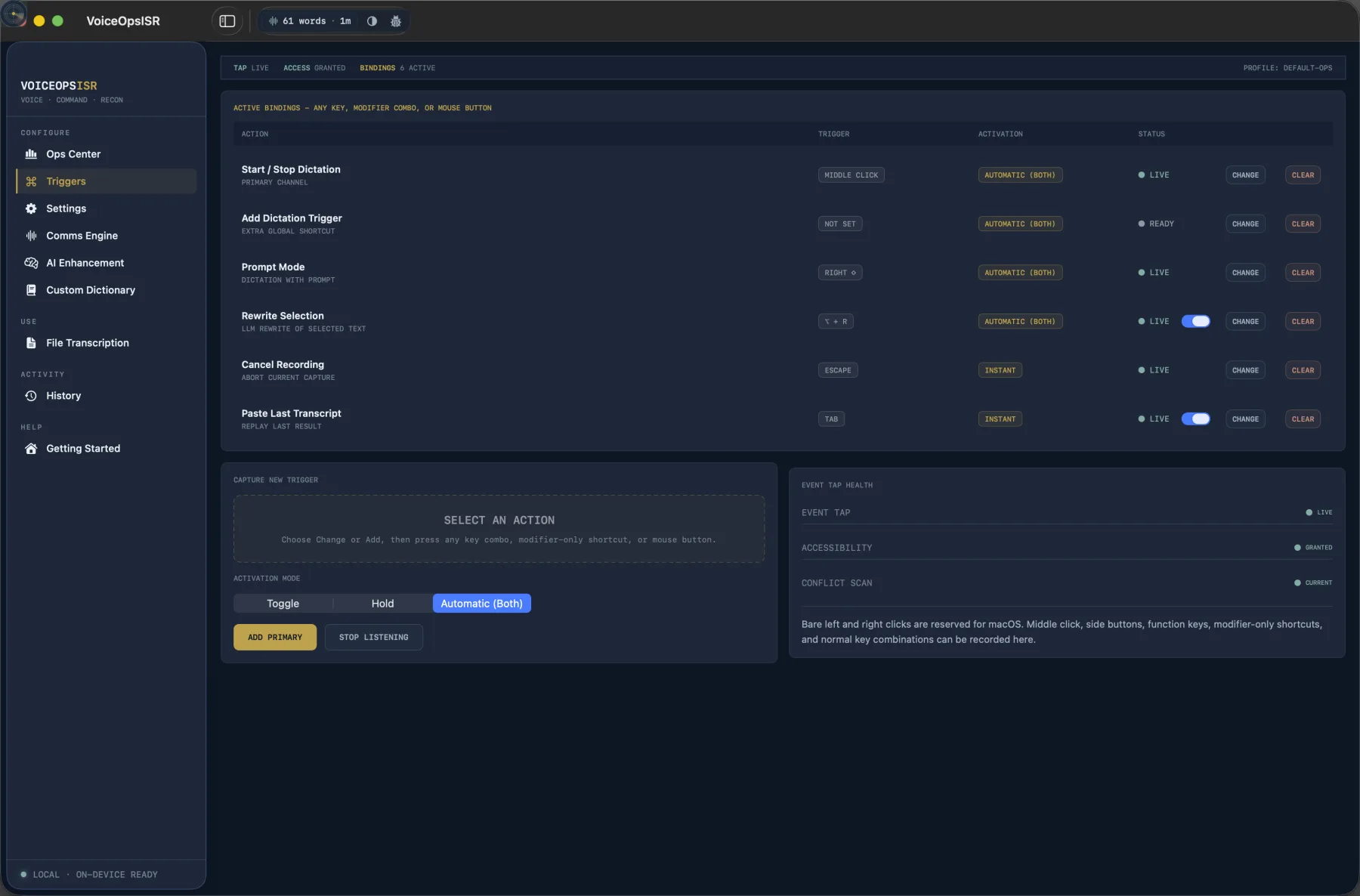 VoiceOpsISR Triggers screen showing configurable mouse and keyboard bindings for dictation, prompt mode, rewrite, cancel, and paste-last actions